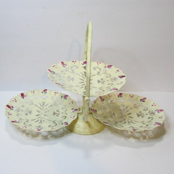 vtg metal shell folding ivory rose painted tiered serving dish 3 tray - Picture 1 of 13